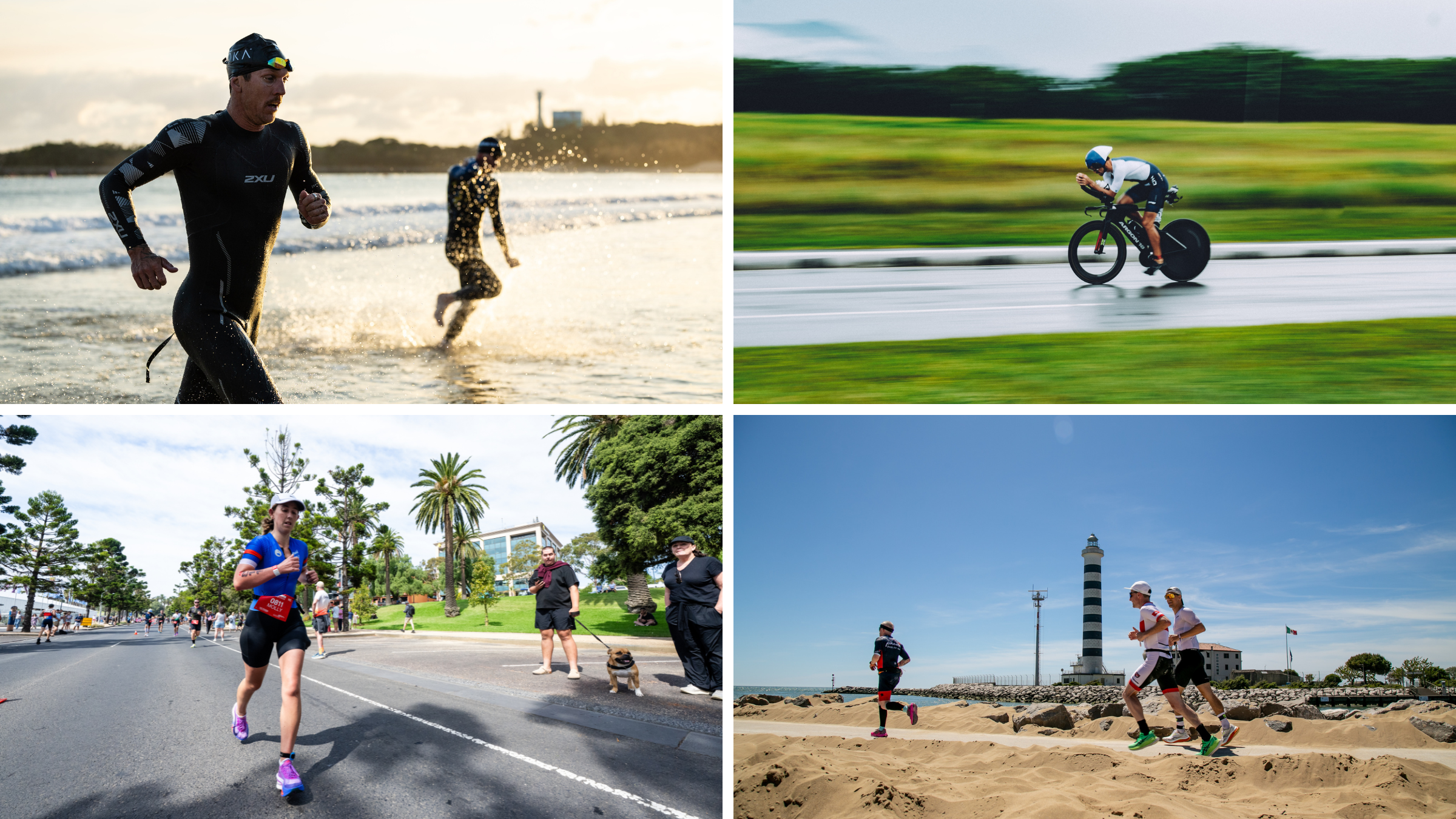Composite image of athletes swimming, cycling and running at various destinations for the IRONMAN 70.3 Championship around the world