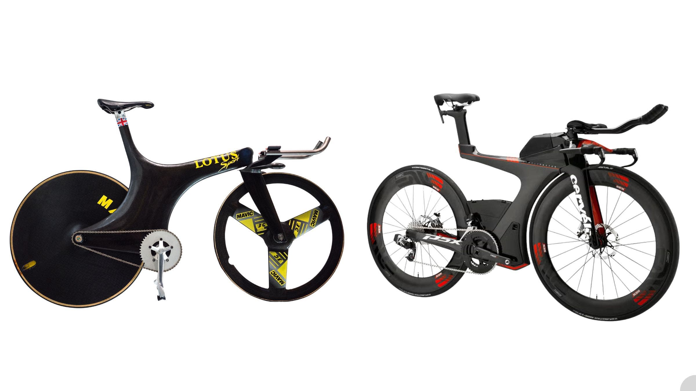 The Lotus Type 108 (L) paved the way for future designs, such as the Cervélo P5X (R).