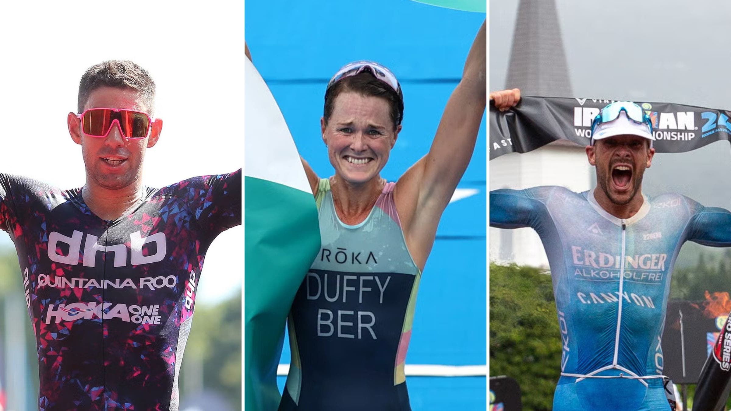 (L-R) Joe Skpper, Flora Duffy, and Patrick Lange announced their retirement from professional triathlon this month.