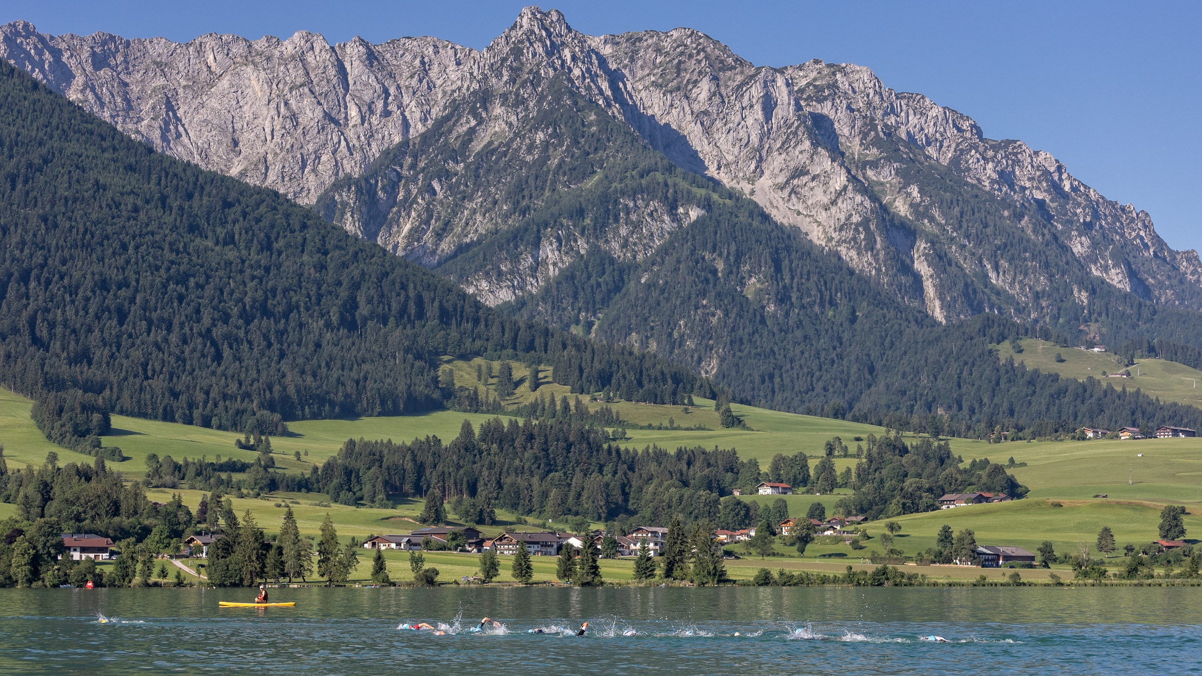 swimmers in swim caps swim in front of large green meadows with dramatic mountains in the background
