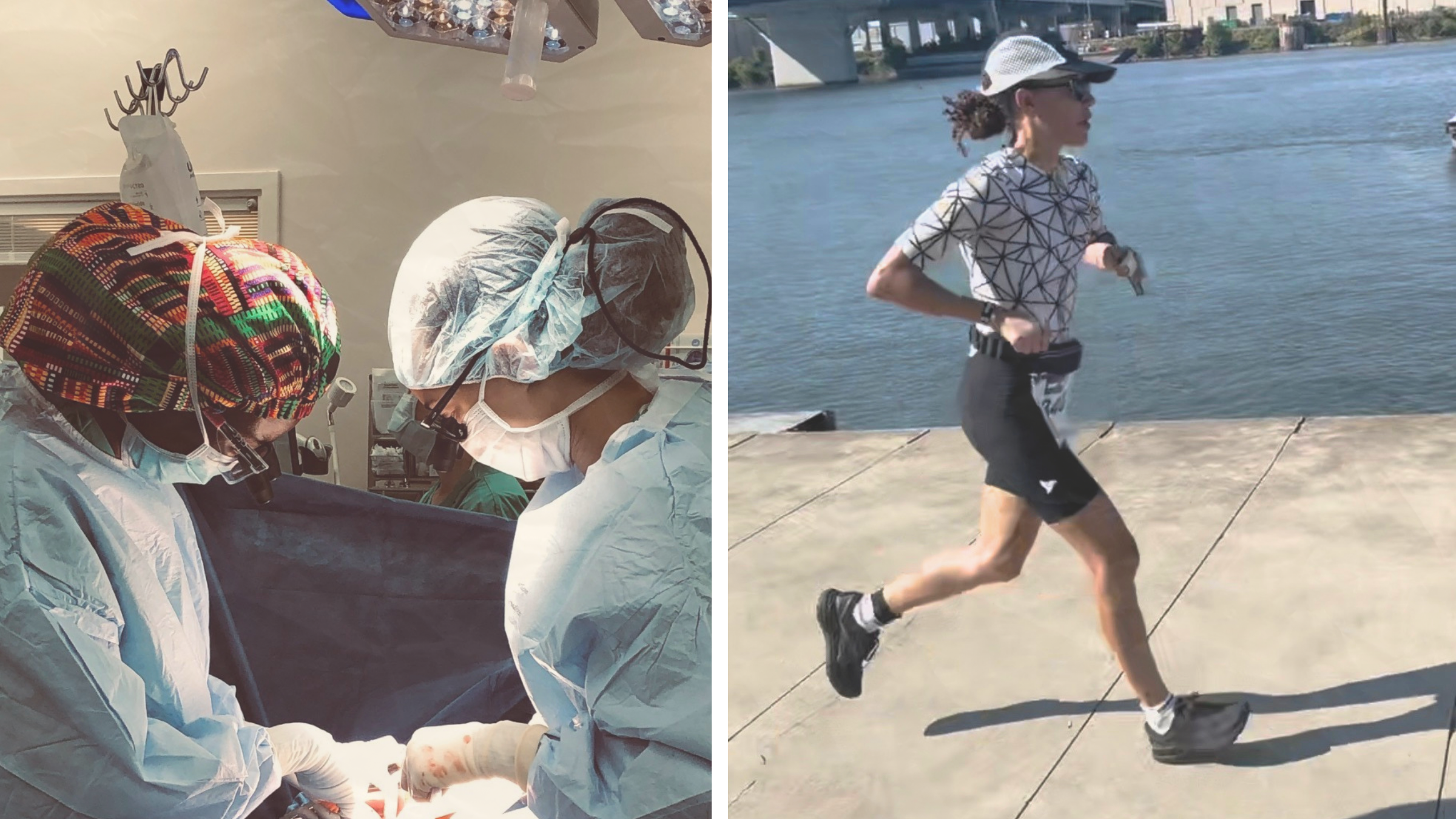 Composite image of two women wearing scrubs during an organ transplant and a woman running wearing a triathlon set on the sidewalk