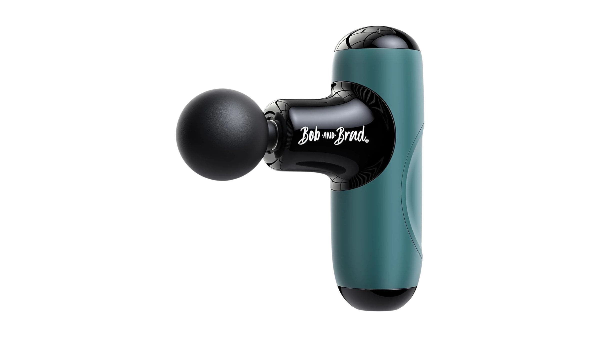 teal and black colored massage gun on white background