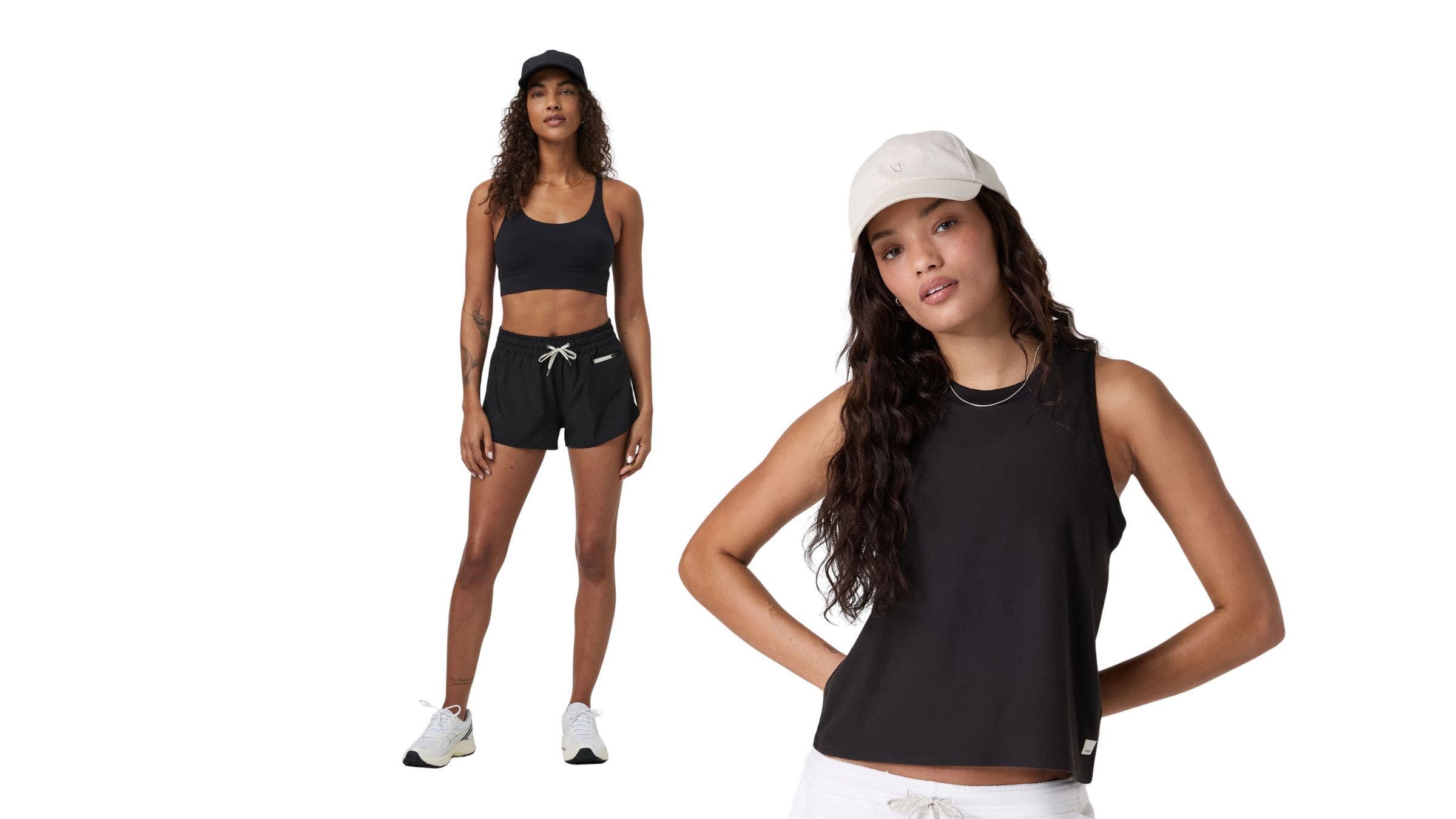 composite image of a woman standing in a black sports bra and black running shorts, next to an image of a woman in a black tank with white hat, both in front of white background