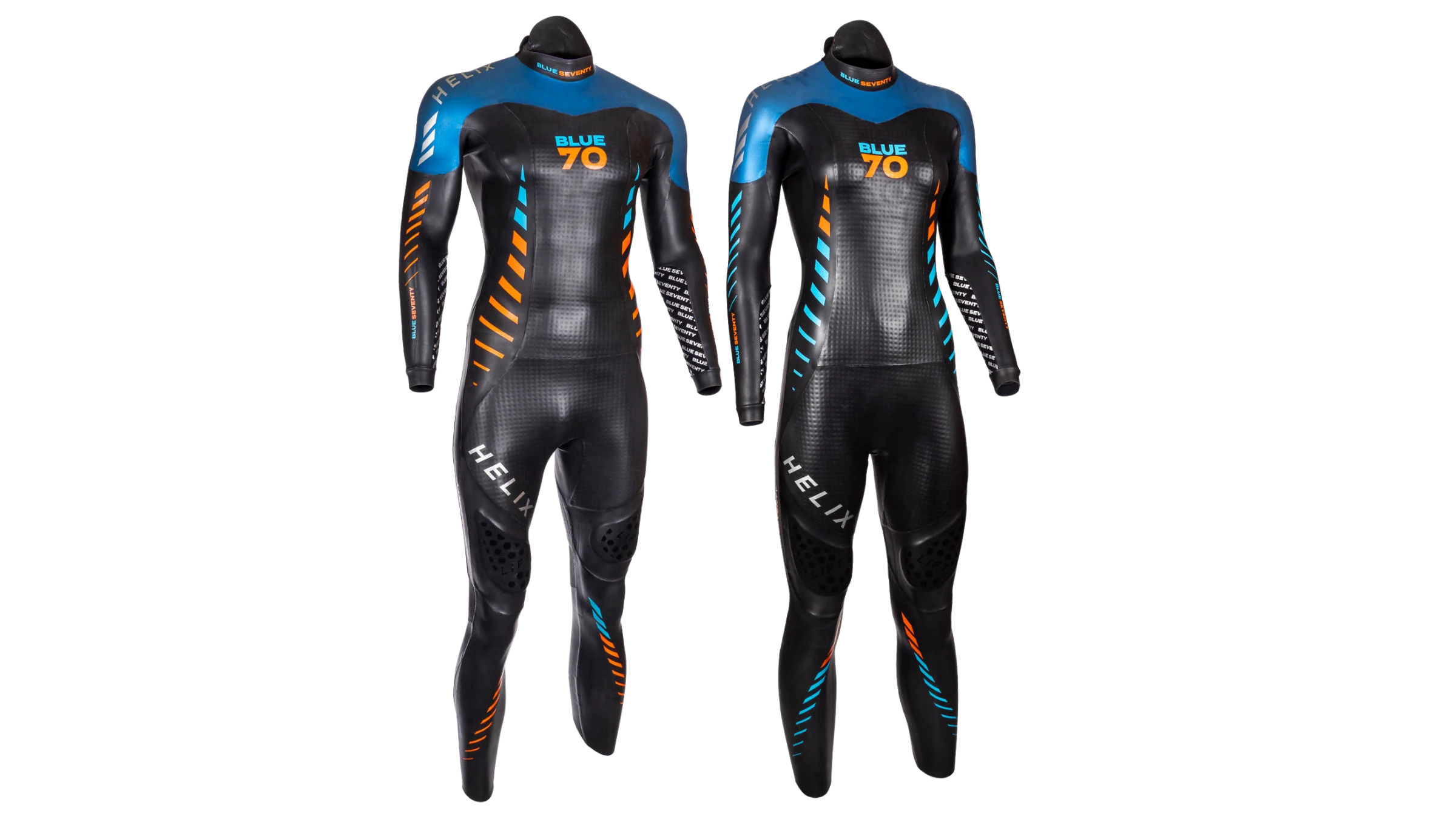 pair of men's and women's Blueseventy Helix wetsuits on white background, on sale for Labor Day 2026
