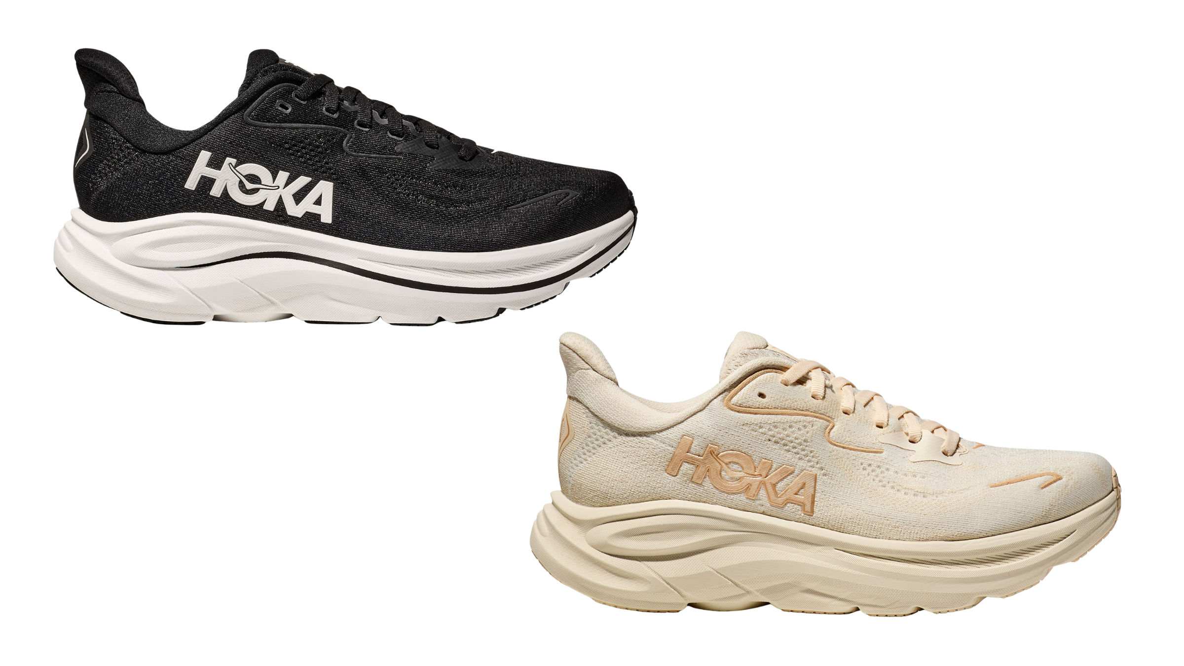product images of men's, in black and white, and women's, shades of tan, version of Hoka Clifton 10 running shoe on white background, on sale for Labor Day 2026