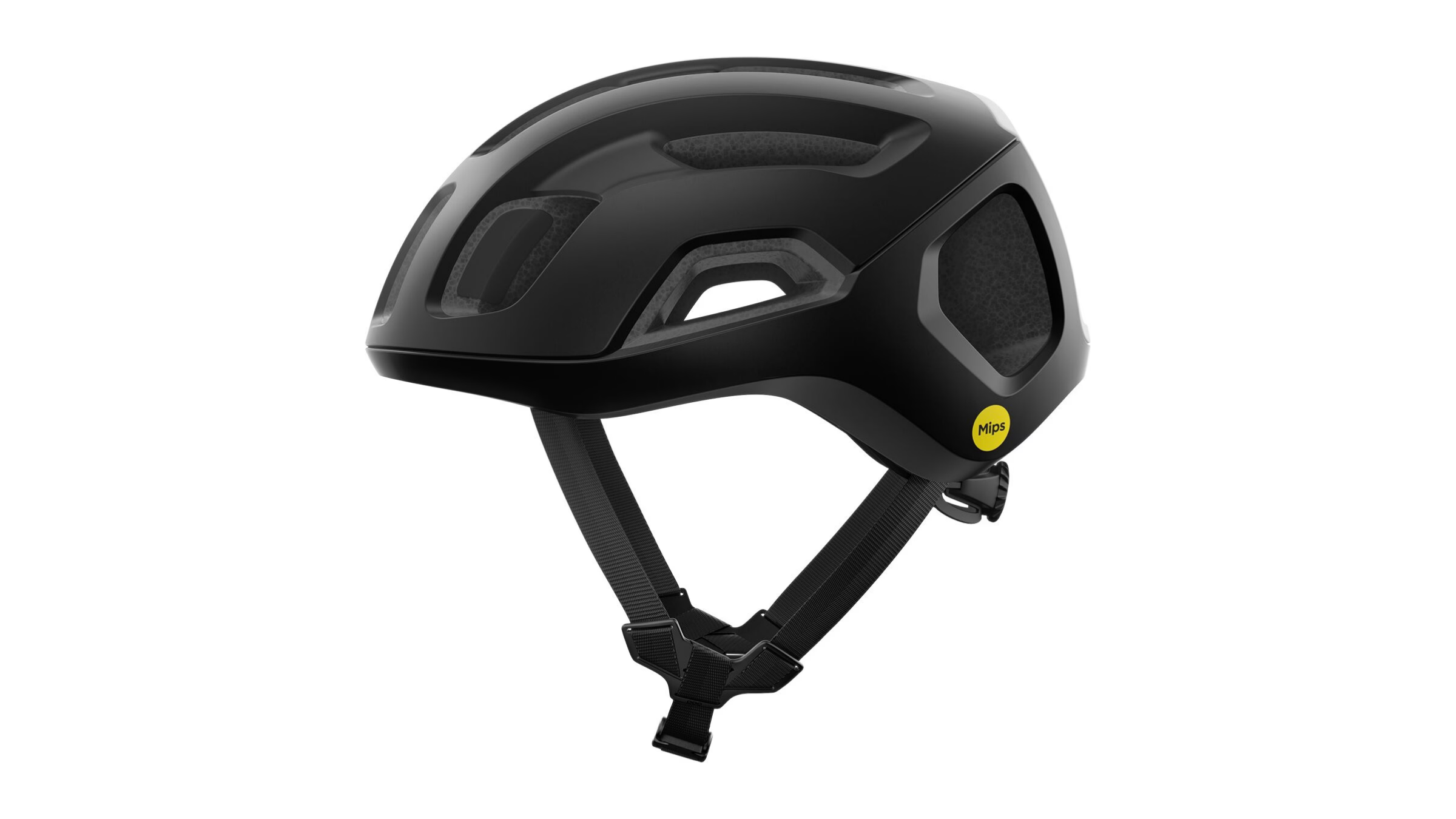 matte black POC road cycling helmet with yellow Mips logo on white background, on sale for Labor Day 2026