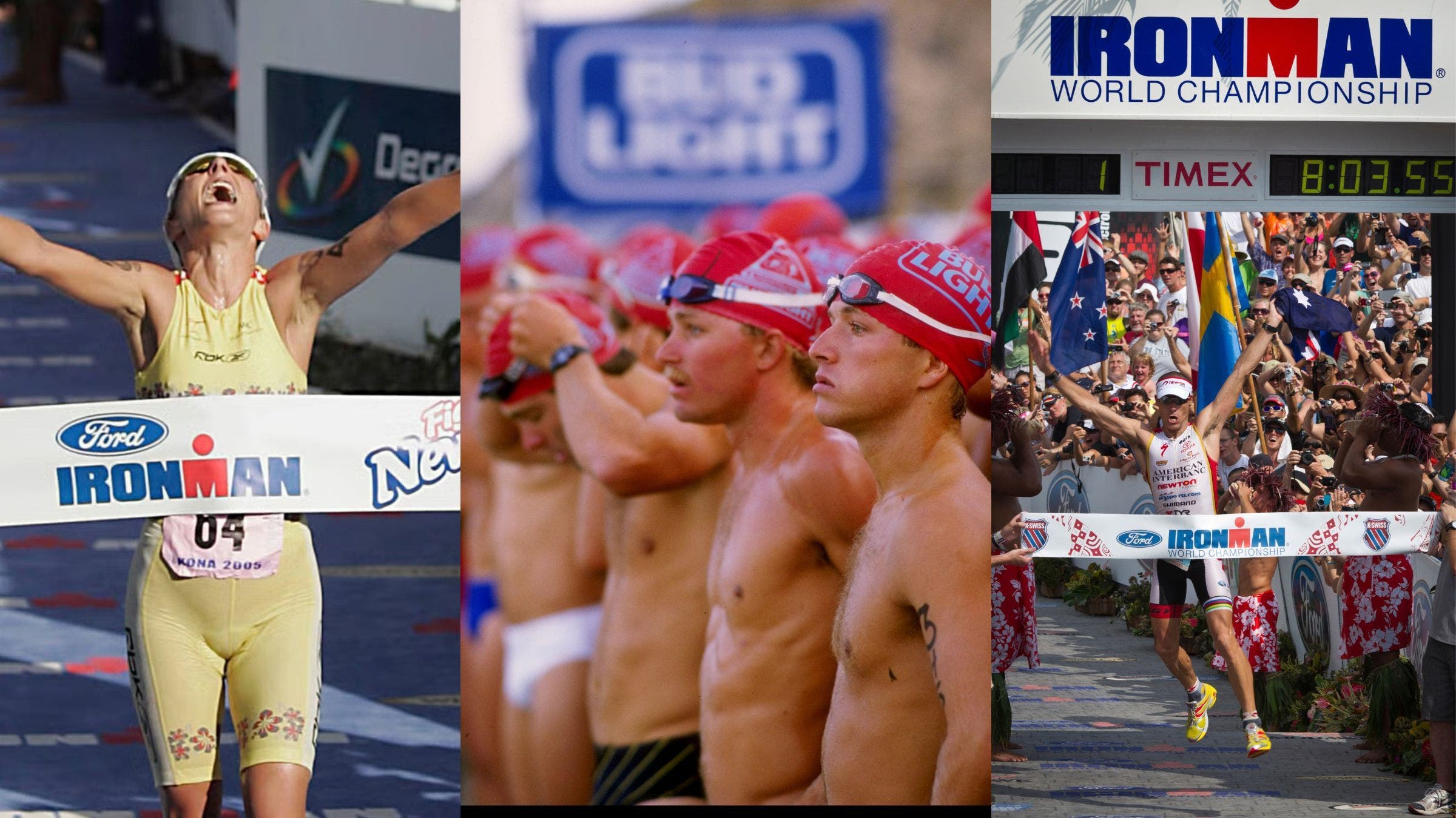 Collage photo of some of the more bizarre Ironman World Championship sponsors, including Fig Newton, Bud Light, and Timex.
