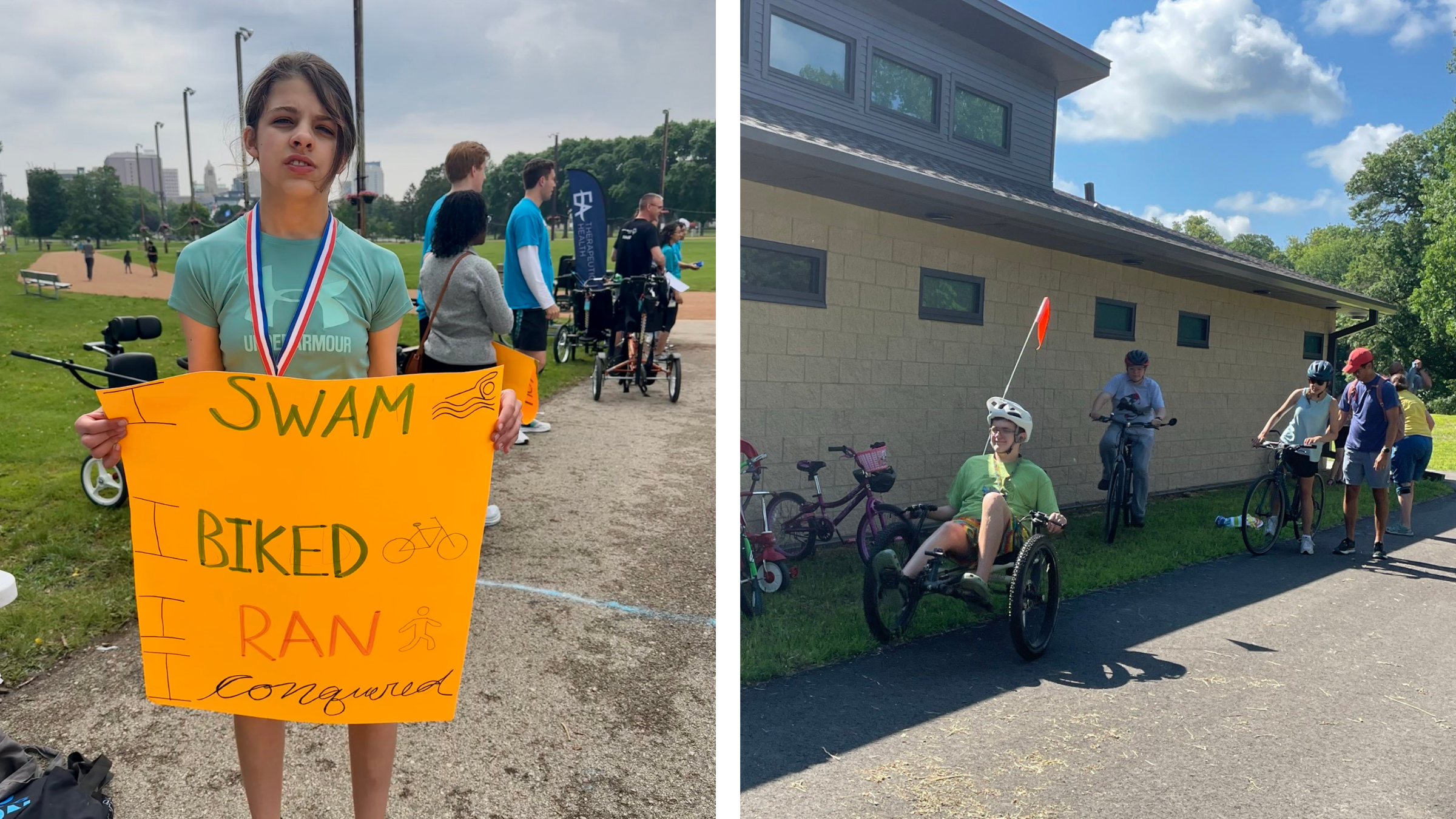 composite image of two photos, on the left a girl holds up a sign that says